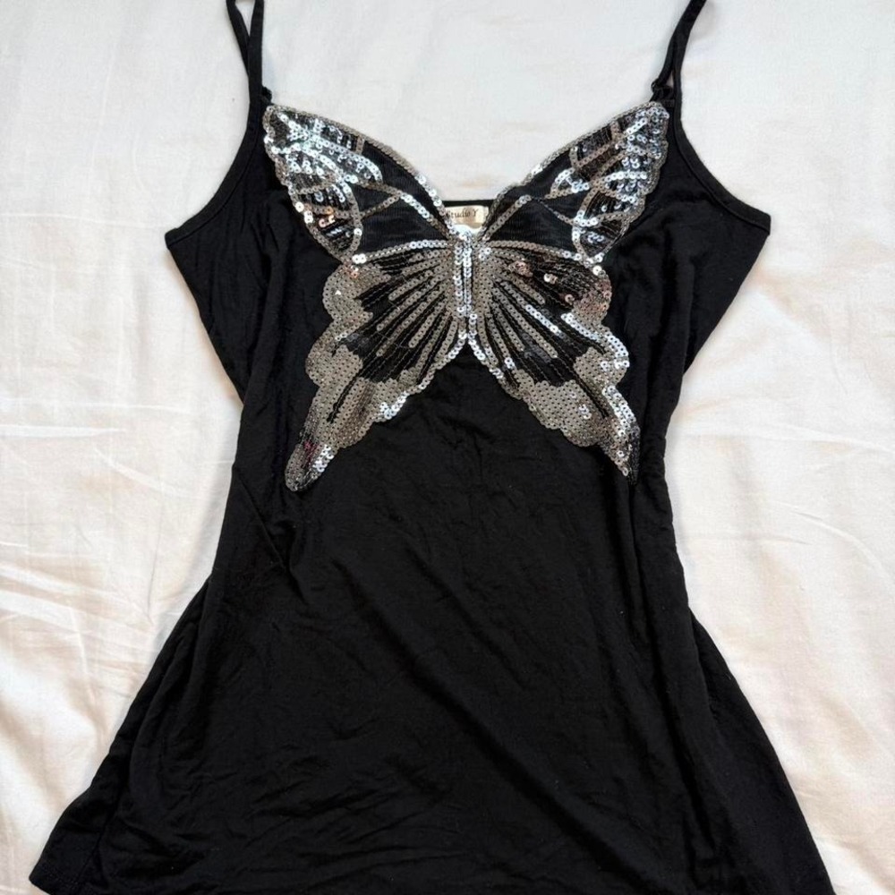 Vintage y2k Studio Y glitter sequin butterfly fairy black tank top - Picture 2 of 5